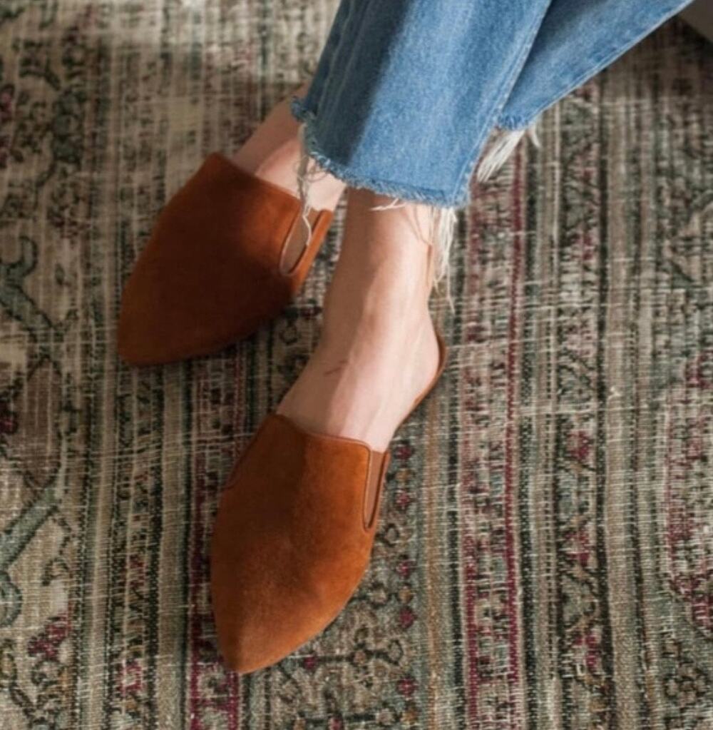 Jenni Kayne Suede Mules Pointed Toe Flats Saddle Brown 38.5 Size 8 Slip Ons